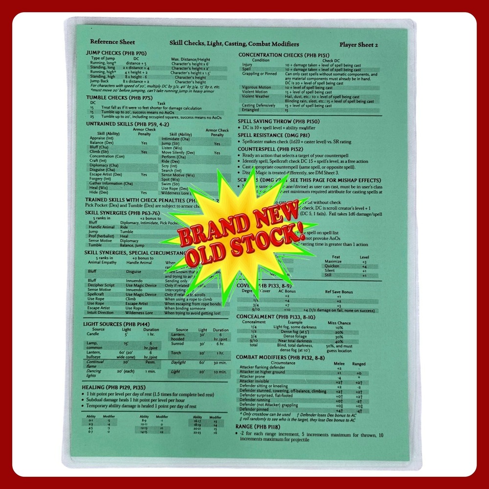 Wizards Of The Coast D&D 3.5 Player Reference Sheets 1 & 2 Green NEW